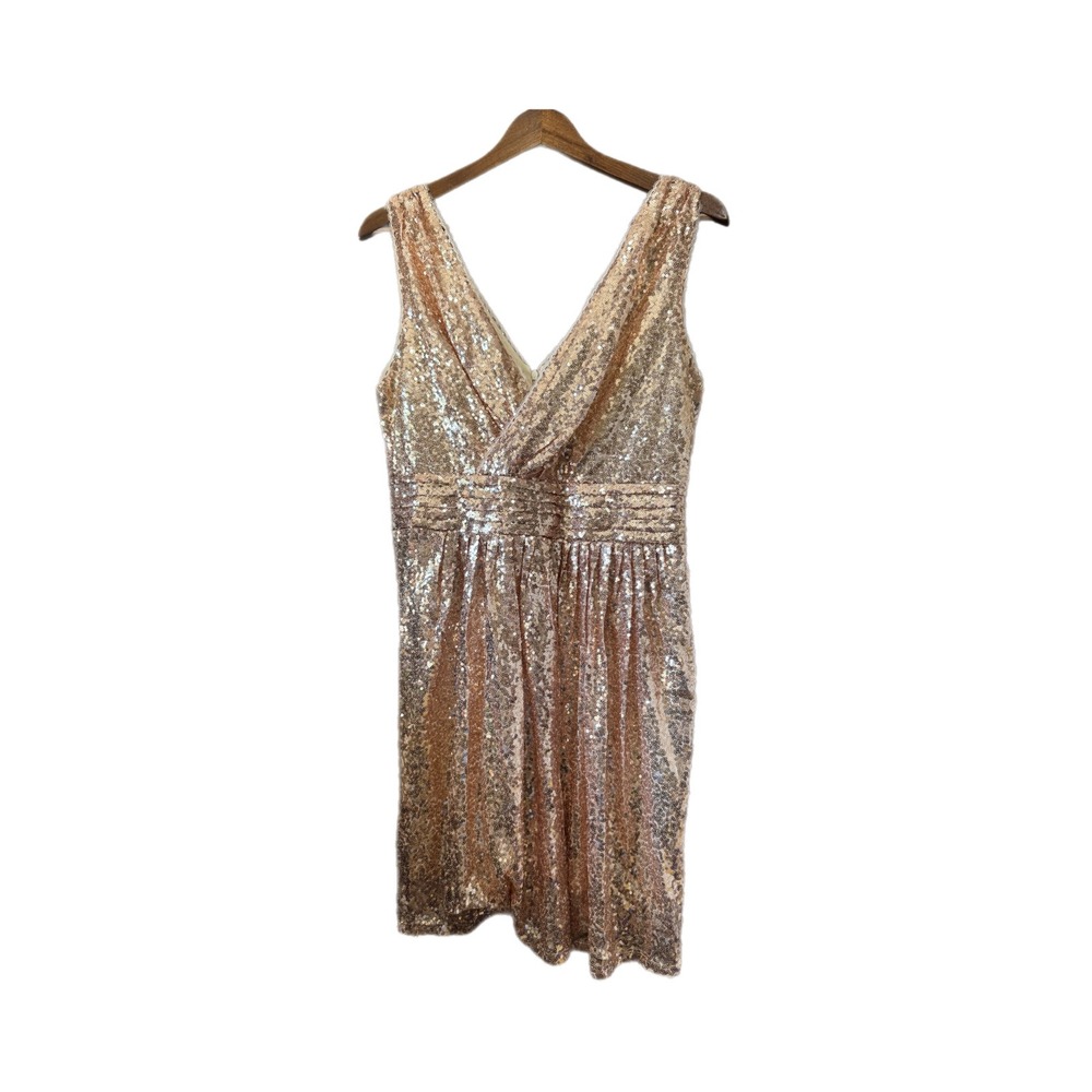 Kate Kasin Sequin Dress Womens Rose Gold Excellent V-Neck Sleeveless Cocktail